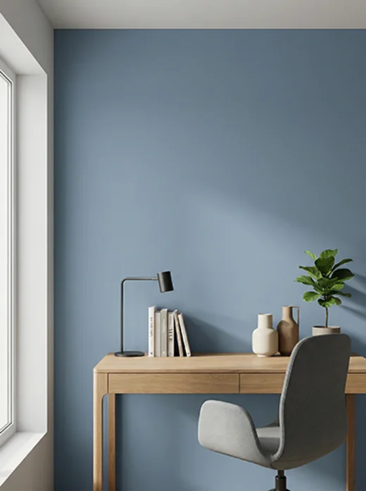 Home office com parede azul Denim da cartela Lukscolor