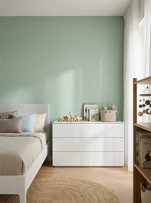 Quarto com parede verde Mint da cartela Lukscolor