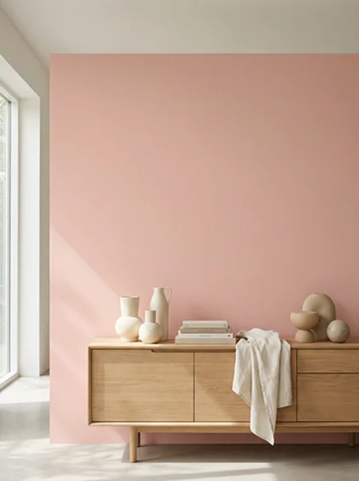 Ambiente com parede em tom rosado Petal da cartela Lukscolor