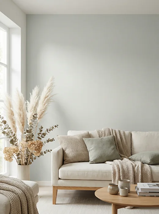 Sala com parede off-white Pillow da cartela Lukscolor
